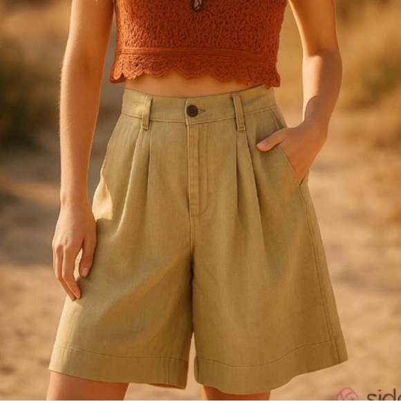 Free People Pants - Free People High Waisted Wide Leg Culotte Pleated Cotton Olive Shorts 6 NWT $98
